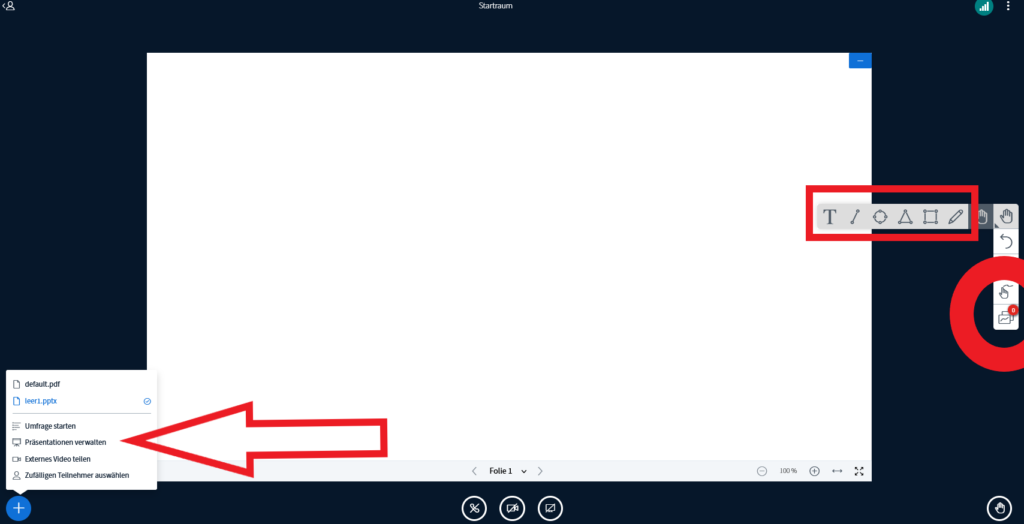 Screenshot Malbühne BigBlueButton mit Erläuterungen
