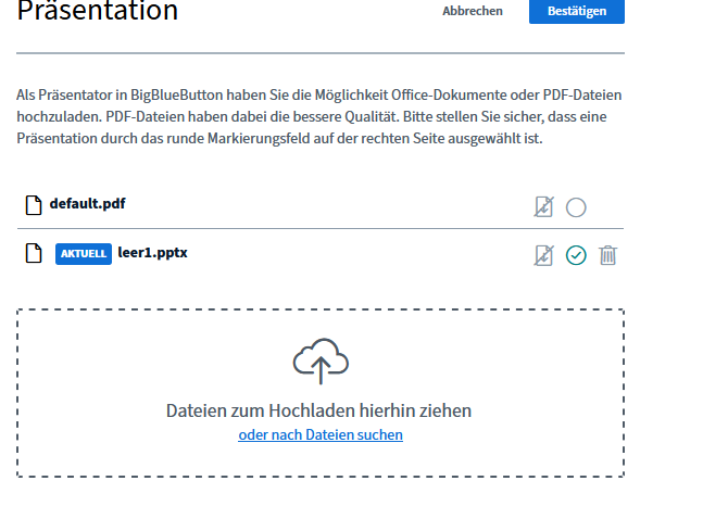 Screenshot Präsentation hochladen BigBlueButton